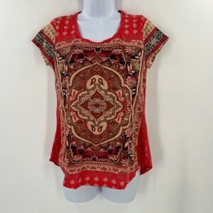Lucky Brand T-Shirt Women Small Red Paisley Mandala Print Boho Short Sleeve Top